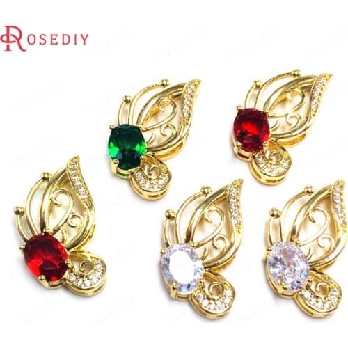 6PCS 12x23MM 24K Champagne Gold Color Brass and Zircon and Glass Butterfly Charms Pendants Jewelry Making Supplies Diy Findings