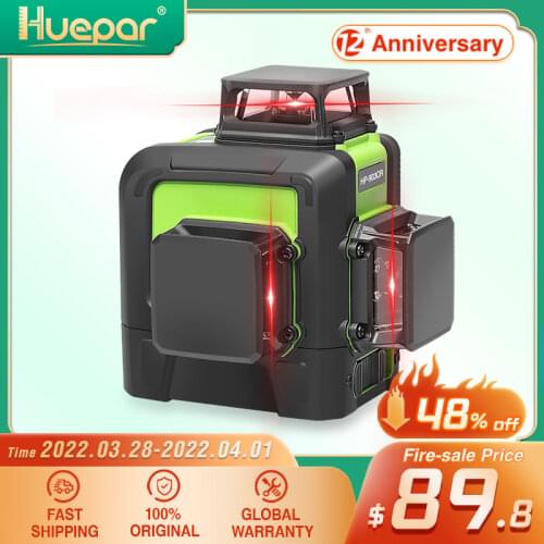 Huepar 12 Lines 3D Cross Line Laser Level Self-Leveling 360degree Vertical & Horizontal Cross Super Powerful Red Laser Beam Line
