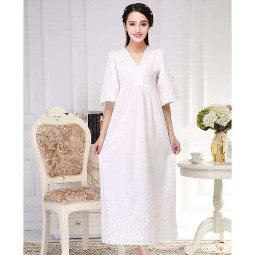 Summer Lady Cotton High-End Computer Embroidery Noble Luxury Long Large Size Sleepwear Trumpet Sleeve Royal Princess Night Dress