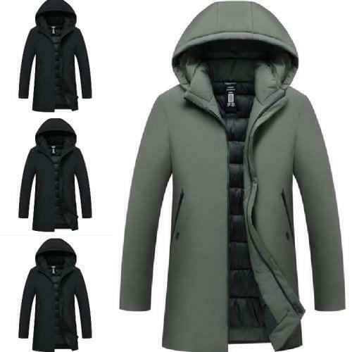 Mens Winter Hooded Faux Fur Collar Jacket Coat Mid Length Warm Mens Casual Hooded Warm Long Sleeve Cotton Coat