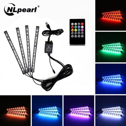 NLpearl 4pcs Music Control Car Interior Light Decoration RGB LED Strip Lights with Remote USB Atmosphere Decorative Lamp 12V 5V