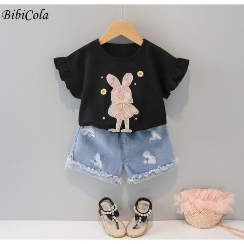 Baby Girl Clothes Newborn Girl Short Sleeve + Cowboy Shorts 2Pieces Of Sequined Rabbit Print Cute Girl Clothes Fashion Baby Suit