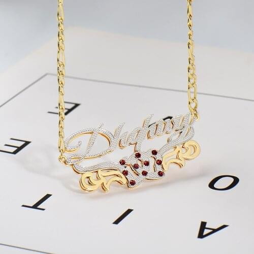 DODOAI Stainless Steel Name Necklace Double Words Personalized Name Necklace Duble Color Playered Diamond Birthstone Necklace