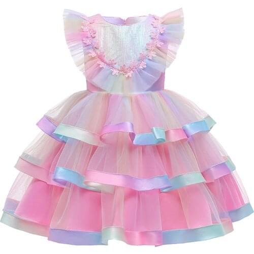 Sequins Cake Dress Girls Lace Rainbow Princess Dress Kids Birthday Party Christmas Flower Girl Wedding Evening Ceremony Costume