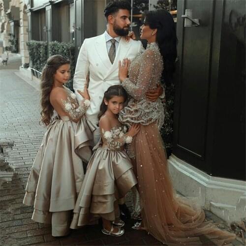 Puffy Flower Girl Dresses Satin Bow Kids Princess Dress Bow Shoulder Kids First Communion Dresses Birthday New Year