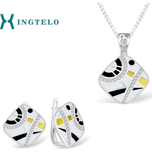 XINGTELO Stud Earrings Square Pendant with Chain Enamel Cubic Zirconia Jewelry Silver 925 Jewelry Set for Girl Party Accessories