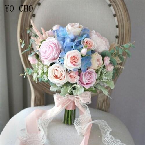 YO CHO Bride Wedding Bouquet Handmade Artificial Silk Rose Hydrangea Flower Pink Blue Luxurious Bouquets Wedding Supplies