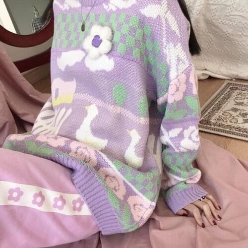 Spring Warm Korean Purple christmas Sweaters Women Cartoon Flowers Design College Girl Knit O-Neck Harajuku Loose Femme Pullover