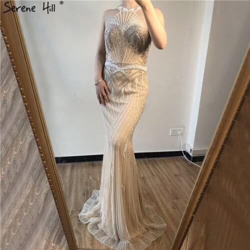 Serene Hill 2020 Champagne Dubai Design Sleeveless Evening Dress Off Shoulder Beading Formal Party Gown CLA60850