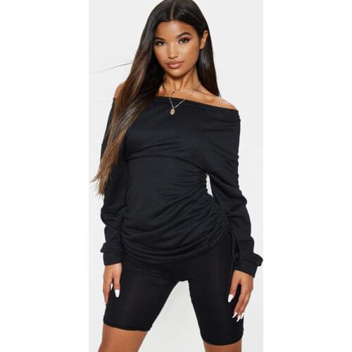 Tee Shirt Femme Spring Autumn Sexy Off The Shoulder Long Sleeve Tops For Women T-Shirt Casual Off Shoulder Solid Drawstring Tops