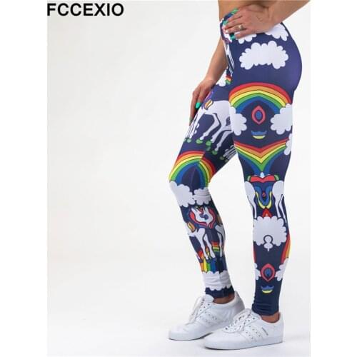 FCCEXIO Women High Waist Unicorn Leggings 3D Printed Rainbow White Clouds Fitness Legging Sexy Woman Elasticity Pants