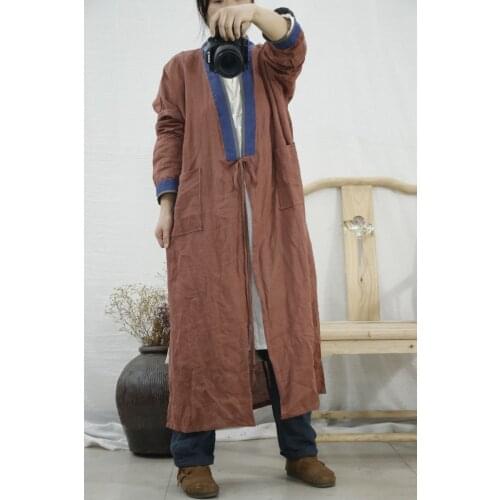 Women Loose Ramie Patchwork Trench Coat Outerwear ladies Loose Vintage Long Coat Female 2020 Autumn Coat