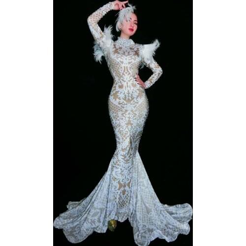 Shining Silver Rhinestone Feather Long Dress Women Elegant Evening Costume Prom Celebrate Big Tail Dresses Women Party Outfit