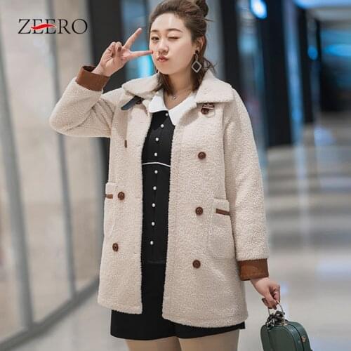 Winter Coats Female Lapel Double Breasted Lamb Wool Warm Oversized Coat Women Stitching Long Sleeves All-match Midi Jacket 4XL
