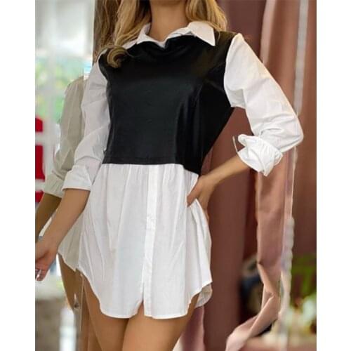 Sexy PU Asymmetrical Patchwork Short Shirt Dress 2021 Women Spring Turn-Down Collar Button Long Sleeve White Loose Mini Dresses