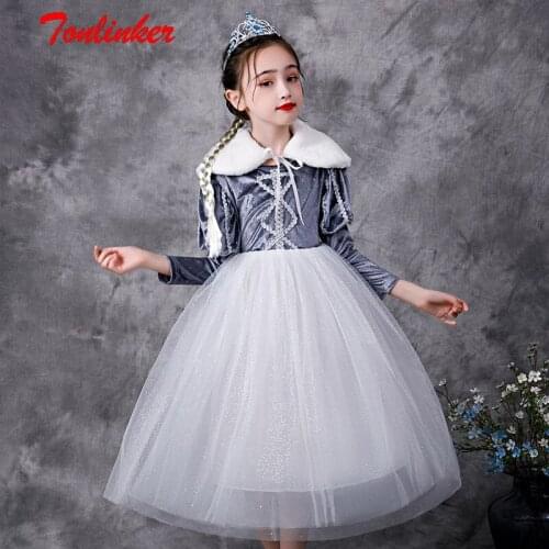 Girls Christmas Velvet Bright Silver Stripes Long Sleeves Costume Princess Dress Snow Queen Dressing Up For Kids Party Dresses