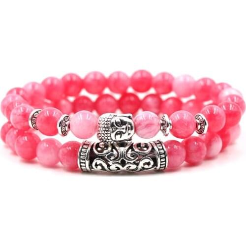 2019 Fashion Double Pink Lava Natural Stone Beads Bracelets Vintage Design Buddha Bead Strand Bracelet Jewelry Gifts