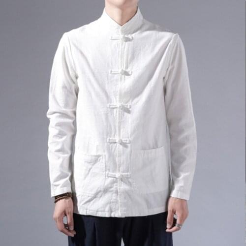 #8126 Spring 2020 White Linen Shirts Men Long Sleeve Stand Collar Loose Plus Size 5XL Front Pockets Casual Vintage Shirt Man