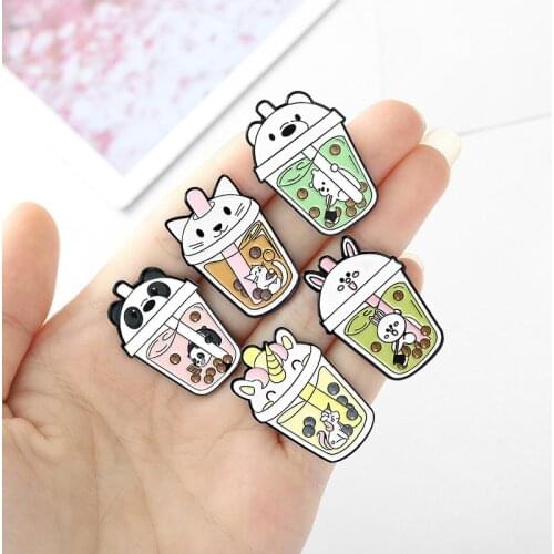 Cute Bubble Tea Enamel Brooches Cartoon Cat Bunny Unicorn Panda For Women Girls Animals Badge Lapel Pins Jewelry Gift