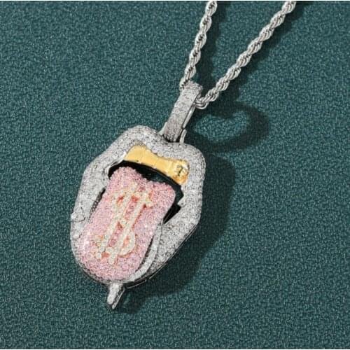 Hip Hop Fashion Full Shiny Zircon Blue Tongue Silver Mens Pendant Necklace Jewelry Gift Rapper Necklace