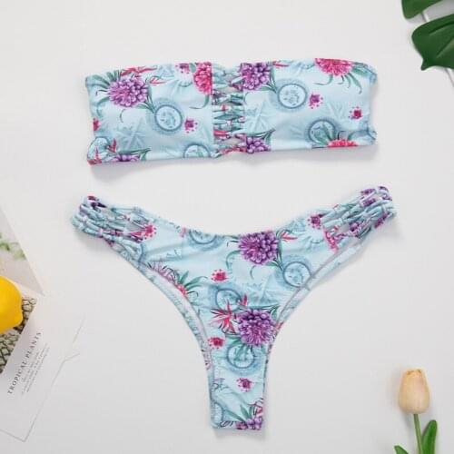 Elegant printed light blue bandage hollow swimsuit sexy tube top bikini split beach suit set swimwear women