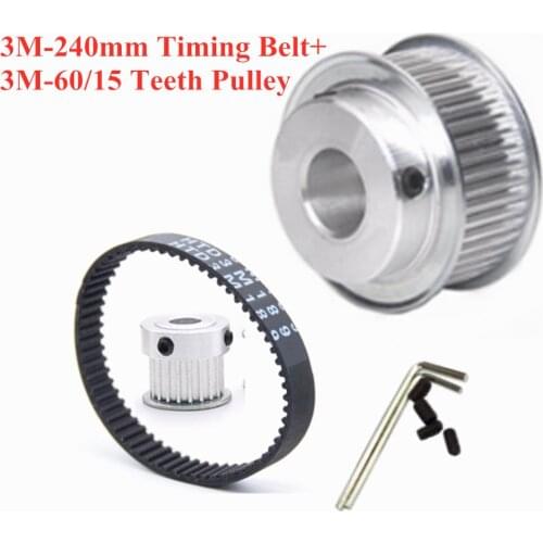 HTD 3M 60T 15T Width 16mm + 3M Belt Width 15mm Length 240mm Timing Pulley Belt Set kit Reduction Ratio 4:1 For CNC