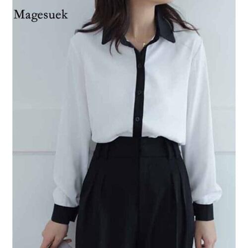 Professional Slim Lapel Blouse Women Cardigan Tops Autumn Long Sleeve White and Black Splice Bottoming Shirts Blusas Mujer 11346