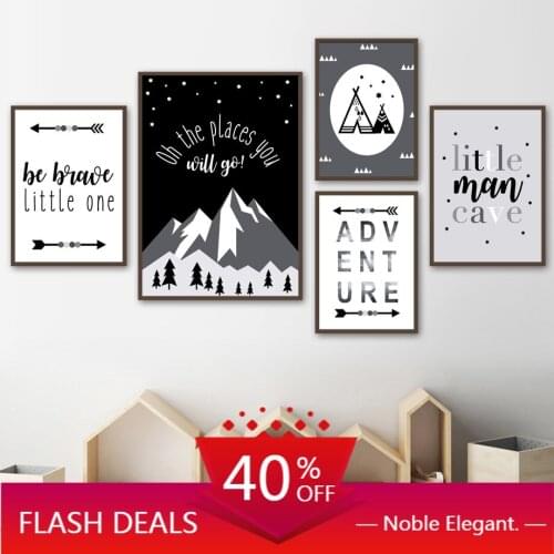 Canvas Painting Cartoon Mountain Arrow Star Sky Wall Art Nordic Posters And Black White Art Wall Pictures For Kids Home Decor