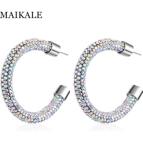 MAIKALE New Design Charm Austrian Crystal Hoop Earrings Geometric Round Shiny Large Hoop Earrings Rhinestone earrings For Women