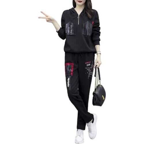 Fashion Womens Hooded Sweatshirt Sports Suit Plus Size Printed Two-Piece Set Pullover Top Elastic Waist Trousers Sets KW1028
