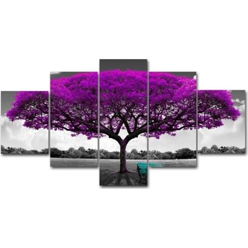 5 Pieces HD Modular Canvas Print Posters Home Decor Wall Art Pictures Purple Tree Scenery Landscape Paintings Support Framed