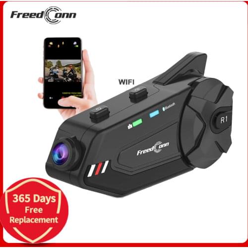 Freedconn Motorcycle Group Intercom Waterproof HD Lens 1080P Video 6 Riders Bluetooth FM Wifi Helmet Headset R1 Plus Recorder