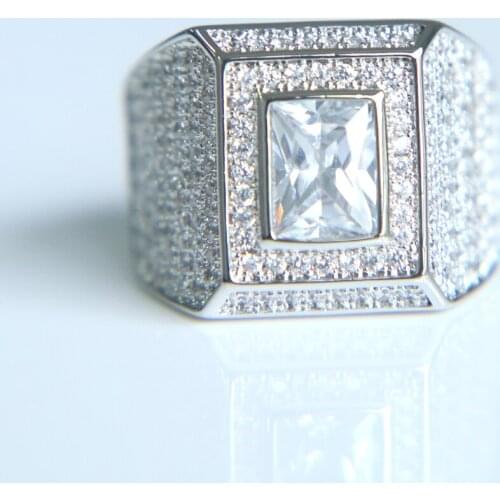 Silver color Men Rings Clear bling sparking wedding CZ Crystal Stone Wide Ring Wedding Rings For men Unisex Jewelry Size 8 9 10