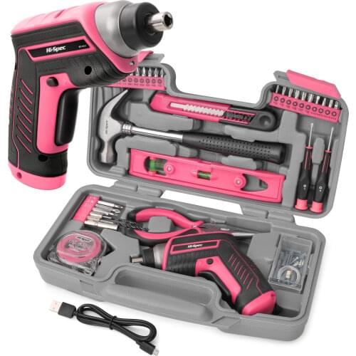 Hi-Spec 35pc Pink Household Tool Set Hand Tool Kit Gril Lady Women Home DIY Tools with Mini Electric Screwdriver