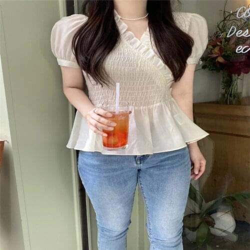 V-neck Ruffled Solid Color All-match Slim Slim Short-sleeved Top
