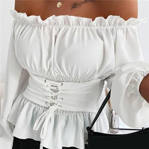 Off Shoulder Lace-up Front Ruffles Casual White Black Pink Blouse Plus Size Tops Spring Tops And Blouses