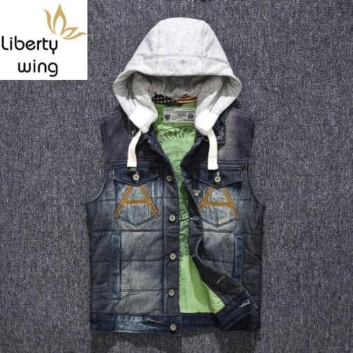 Casual Men Cotton Vest Winter Warm Slim Fit Hat Detachable Denim Sleeveless Jacket Vintage Single Breasted Pocket Waistcoat