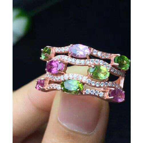 Luxurious big Row geometry Natural Multicolor tourmaline Ring Natural gemstone Ring S925 silver women party girl gift Jewelry