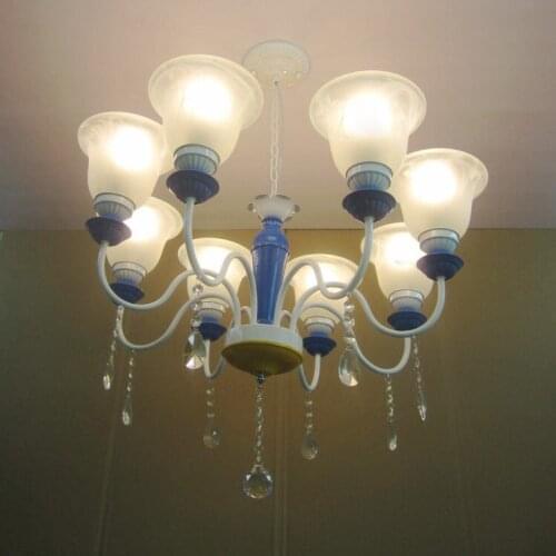 Modern White Frosted Glass Cups 8 Lights Living Room Chain Chandeliers Blue Paintd Iron Body European Crystal Hanging Chandelier