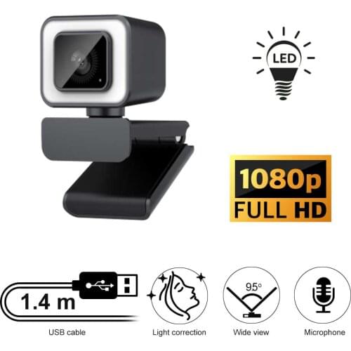 Web Camera Full HD Cam With USB Connector, LED Light, Microphone for Skype, MS Teams, Zoom, Home Office, Video Chat, Conference
