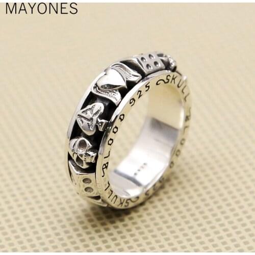 Real Silver 925 Rotating Spinner Ring Men Gamble Skull Lucky Band Gothic Punk 925 Sterling Silver Jewelry Men Thick Thai Silver