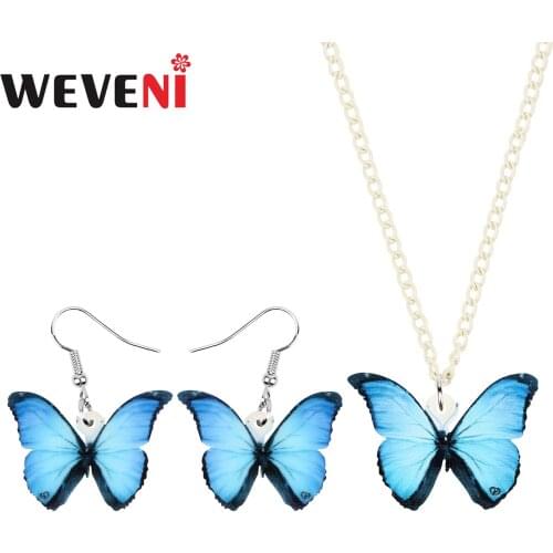 WEVENI Acrylic Blue Morpho Butterfly Jewelry Sets Big Cute Animal Insect Earrings Necklace For Women Friends Fashion Charms Gift