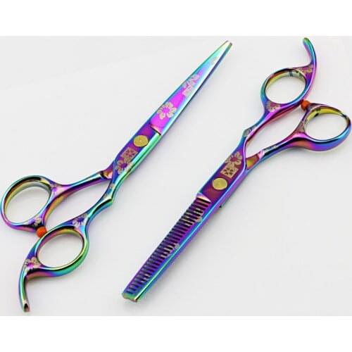 Professional japan 440c purple rainbow 5.5 & 6 inch hair scissors set cutting shears thinning barber tools hairdressing scissors