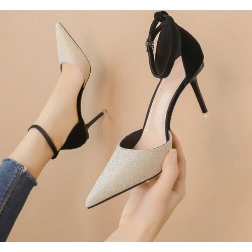 Womens Pump Pointed Toe Sequined Cloth Low-Cut One-Strap Suede High Heels Sandals Stiletto Ladies Party Shoes Womens Shoes