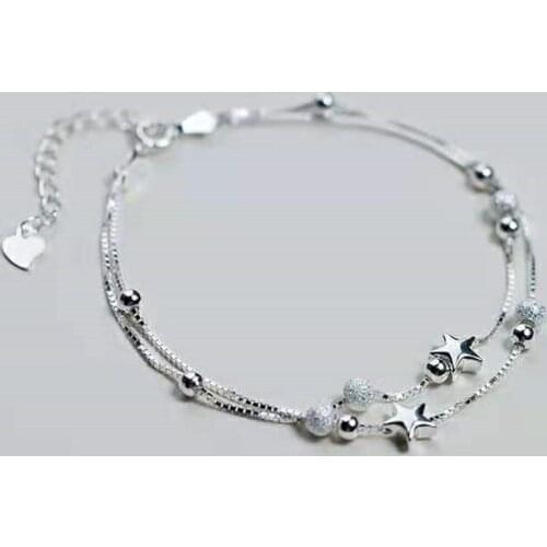 925 Sterling Silver Double Layers Stars Beads Charm Bracelet For Women Elegant Party Jewelry Pulseras Mujer sl028