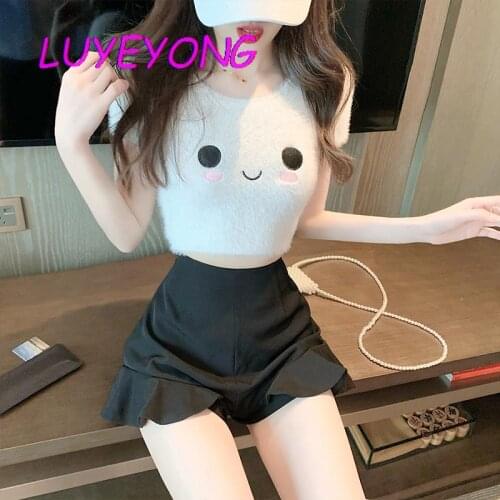 Lady Cute White Short Sleeve O Neck Pullover Top Streetwear Women Lovely Cartton Face Short-length T Shirt Sweater 2021 Summer