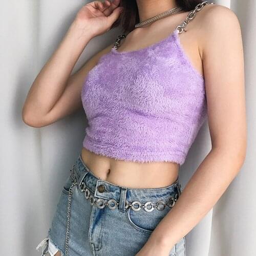 2021 Sexy Fashion Women Summer Casual Sleeveless Plush Camis T-shirt Sleeveless Fur Metal Chain Strappy Crop Top Purple