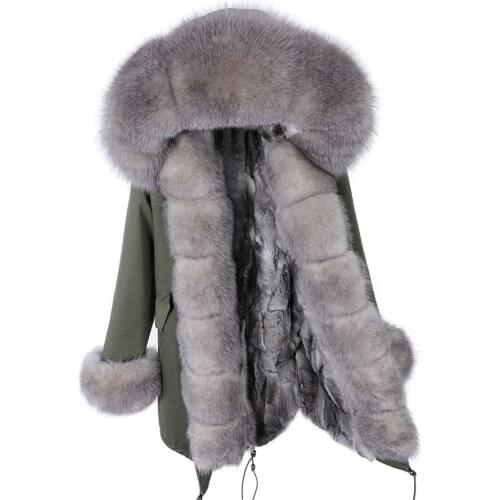 2021 Women Real Fur Coat Winter Natural Raccoon Fox Fur Collar Long Coat Real Rabbit Fur Lining Parkas Womens Jacket
