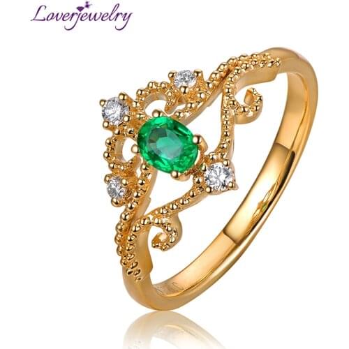 LOVERJEWELRY Emerald Ring Real Yellow Gold 14K/Au585 Natural Emerald Gemstone Crown Rings For Women Engagement Wedding Jewellery