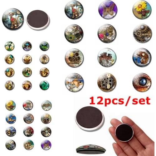 12Pcs/set Steampunk Fridge Magnet Feature Modern Metal Style Glass Dome Message Board Sticker Retro Fridge Magnet HomeDecoration